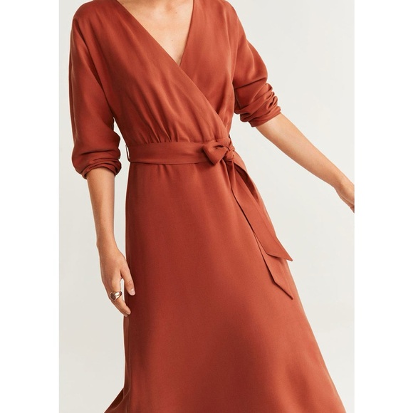 Mango Rust Wrap Midi Dress Long Sleeve Belted — Size S - Picture 14 of 14
